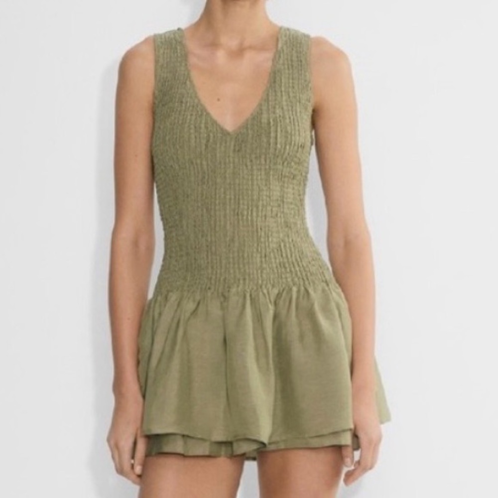Wilfred Olive Green Smocked V-Neck Midi Dress